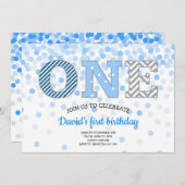 Junge erste Geburtstag ONE Confetti Zickzack Blue  Einladung (Vorne/Hinten)