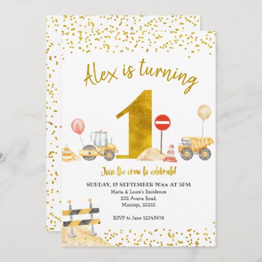 Junge erste Geburtstagsbau Geburtstag Einladung (Vorne/Hinten)