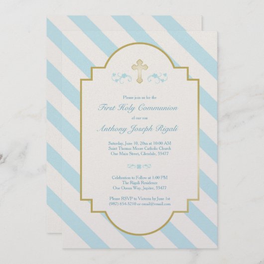 Junge erste heilige Kommune Einladung Blue Stripes (Vorne/Hinten)