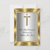 Junge Erste heilige Kommune Silver Gold Cross 2 Einladung (Vorderseite)