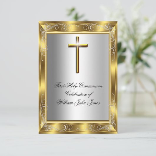 Junge Erste heilige Kommune Silver Gold Cross 2 Einladung (Stehend Vorderseite)