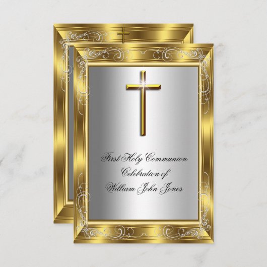 Junge Erste heilige Kommune Silver Gold Cross 2 Einladung (Vorne/Hinten)