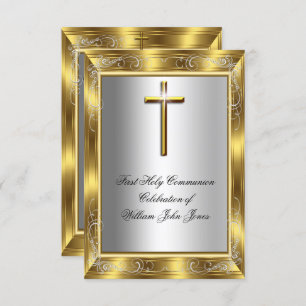 Junge Erste heilige Kommune Silver Gold Cross 2 Einladung