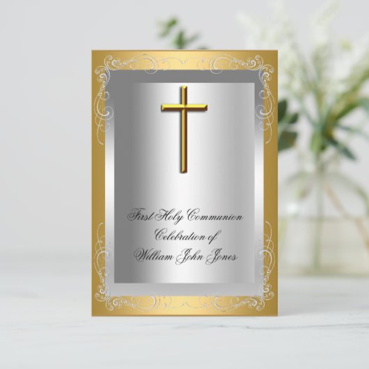 Junge Erste heilige Kommune Silver Gold Cross Einladung (Stehend Vorderseite)