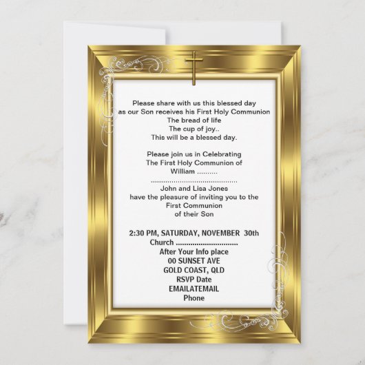 Junge Erste heilige Kommune Weißes Gold Kreuz 3 Einladung (Rückseite)