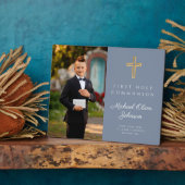 Junge Erste Heilige Kommunion Foto Dusty Blue Fotoplatte (Seite)