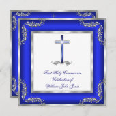 Junge Erste Heilige Kommunion Royal Blue Silver Wh Einladung (Vorne/Hinten)