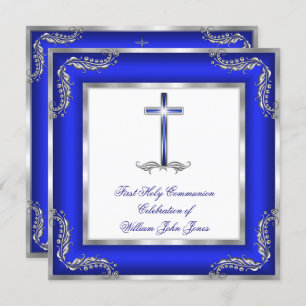 Junge Erste Heilige Kommunion Royal Blue Silver Wh Einladung