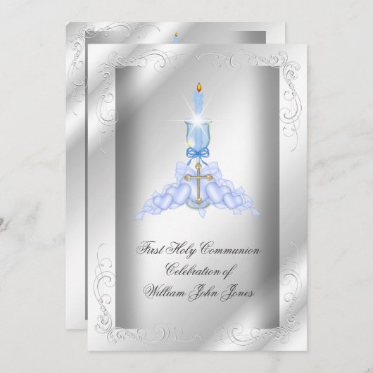 Junge Erste heilige Kommunion Silberblauer Jungen Einladung (Vorne/Hinten)