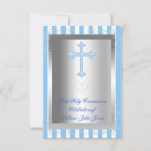 Junge Erste heilige Kommunion Silberblauer Streife Einladung (Vorderseite)