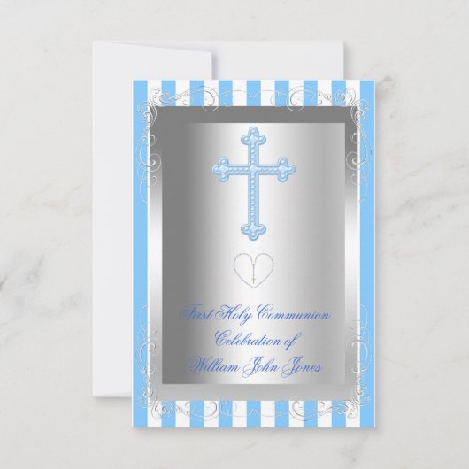 Junge Erste heilige Kommunion Silberblauer Streife Einladung (Vorderseite)