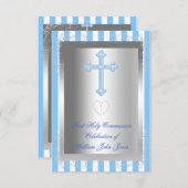 Junge Erste heilige Kommunion Silberblauer Streife Einladung (Vorne/Hinten)