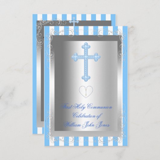 Junge Erste heilige Kommunion Silberblauer Streife Einladung (Vorne/Hinten)