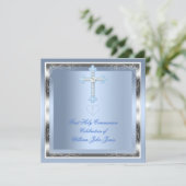 Junge Erste heilige Kommunion Silver Blue 2 Einladung (Stehend Vorderseite)