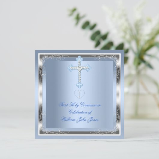 Junge Erste heilige Kommunion Silver Blue 2 Einladung (Stehend Vorderseite)