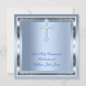 Junge Erste heilige Kommunion Silver Blue 2 Einladung (Vorderseite)