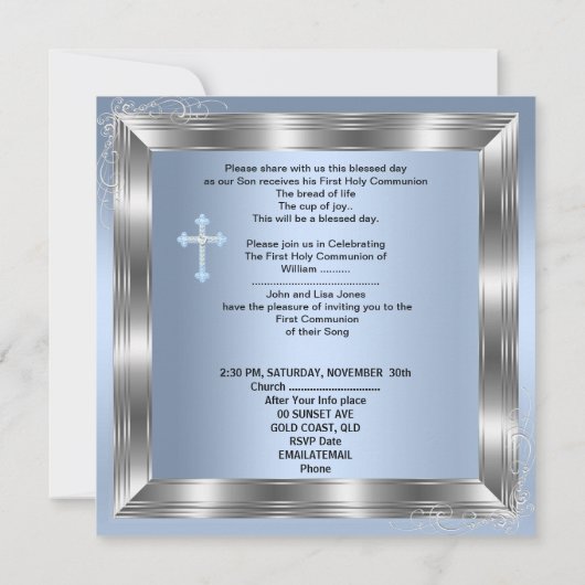 Junge Erste Heilige Kommunion Silver Blue 2a Einladung (Rückseite)