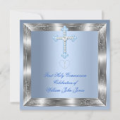 Junge Erste Heilige Kommunion Silver Blue 2a Einladung (Vorderseite)