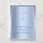 Junge Erste Heilige Kommunion Silver Blue Einladung (Vorderseite)