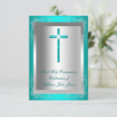 Junge Erste Heilige Kommunion Silver Jade Aquamari Einladung (Stehend Vorderseite)
