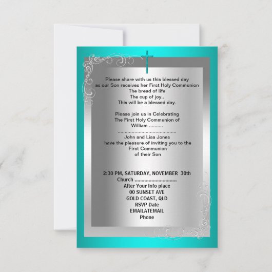 Junge Erste Heilige Kommunion Silver Jade Aquamari Einladung (Rückseite)