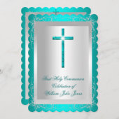Junge Erste Heilige Kommunion Silver Jade Aquamari Einladung (Vorne/Hinten)