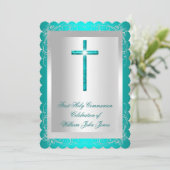 Junge Erste Heilige Kommunion Silver Jade Aquamari Einladung (Stehend Vorderseite)