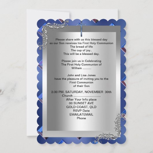 Junge Erste Heilige Kommunion Silver Royal Blue 2T Einladung (Rückseite)