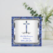 Junge Erste Heilige Kommunion Silver Royal Blue 3 Einladung (Stehend Vorderseite)