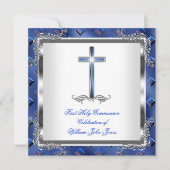 Junge Erste Heilige Kommunion Silver Royal Blue 3 Einladung (Vorderseite)