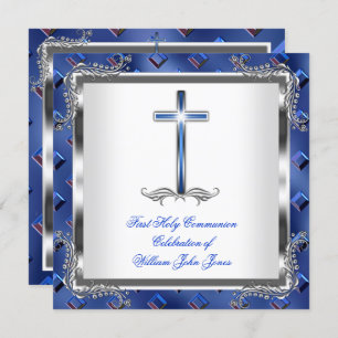 Junge Erste Heilige Kommunion Silver Royal Blue 3 Einladung