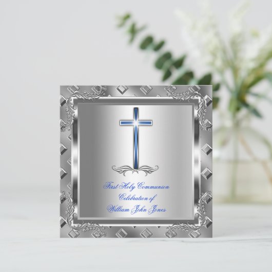Junge Erste Heilige Kommunion Silver Royal Blue 6 Einladung (Stehend Vorderseite)