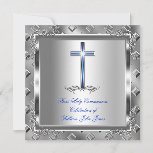 Junge Erste Heilige Kommunion Silver Royal Blue 6 Einladung (Vorderseite)