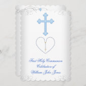 Junge Erste heilige Kommunion White Blue Silver Einladung (Vorne/Hinten)