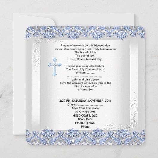 Junge Erste Heilige Kommunion White Silver Blau Einladung (Rückseite)