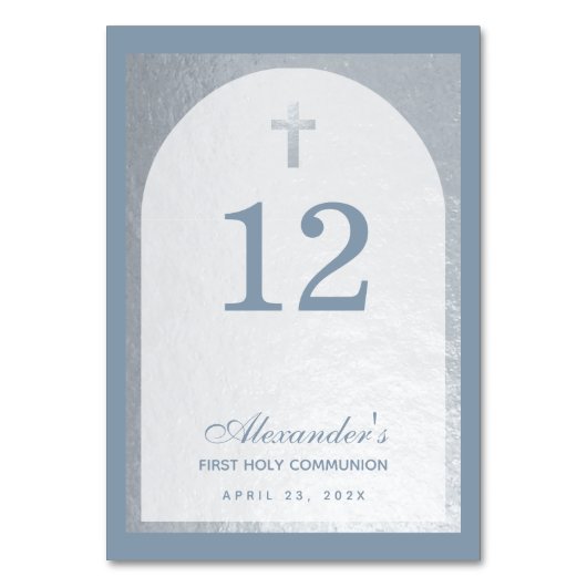 Junge Erste Kommunion Dusty Blue Imitats Silver Cr Tischnummer (Vorderseite)