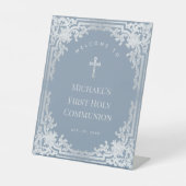 Junge Erste Kommunion Dusty Blue Vintag Willkommen Sockelschild (Vorderseite)
