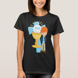 Junge Erste Kommunion Keepake 2023 Cross Blue Rosa T-Shirt