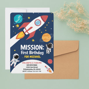Junge erster Geburtstag Rakete Weltraum Astronaut Einladung