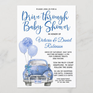 Junge fährt durch Covid-Baby-Party-Auto Einladung