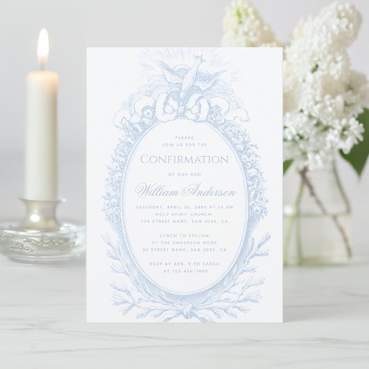 Junge Firmung Blau Heiliger Geist Taube Vintage Einladung