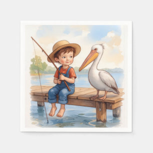 Junge fischt auf einem Dock mit einem Pelikan Serviette