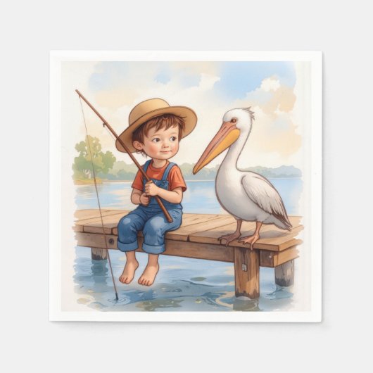 Junge fischt auf einem Dock mit einem Pelikan Serviette (Vorderseite)
