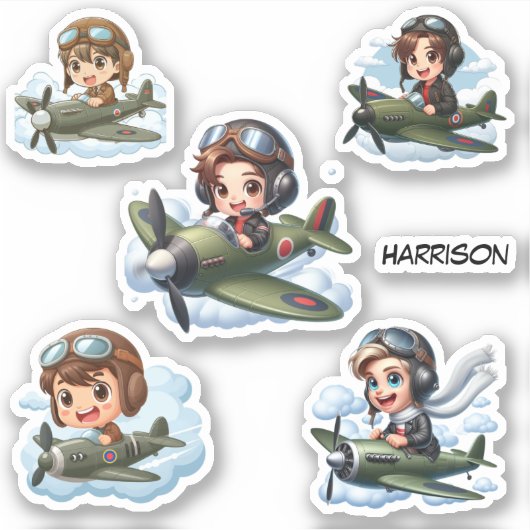 Junge fliegende Flugzeuge Kinder Personalisiertes Aufkleber (Vorderseite)