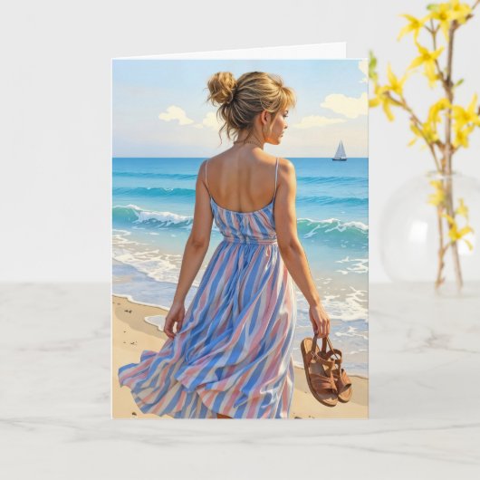 Junge Frau am Strand Karte (Gelbe Blume)