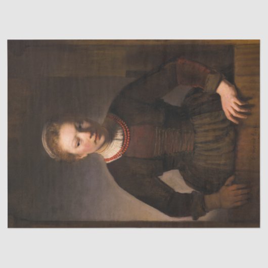 Junge Frau bei einer offenen halben Tür von Rembra Seidenpapier (Vorderseite)