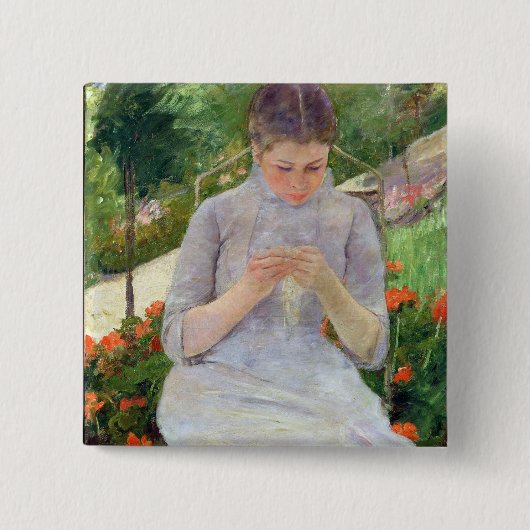 Junge Frau, die im Garten, c.1880-82 näht Button (Vorderseite)