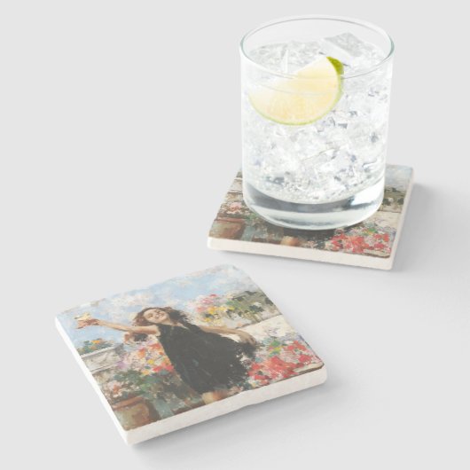 Junge Frau feiert Sieg (Vincenzo Irolli) Steinuntersetzer (Seitenansicht)