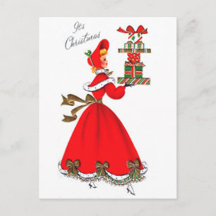 Junge Frau im roten Kleid mit Weihnachtsgeschenken Postkarte