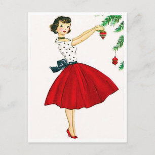 Junge Frau in rotem Kleid, die Weihnachtsbaum schm Postkarte